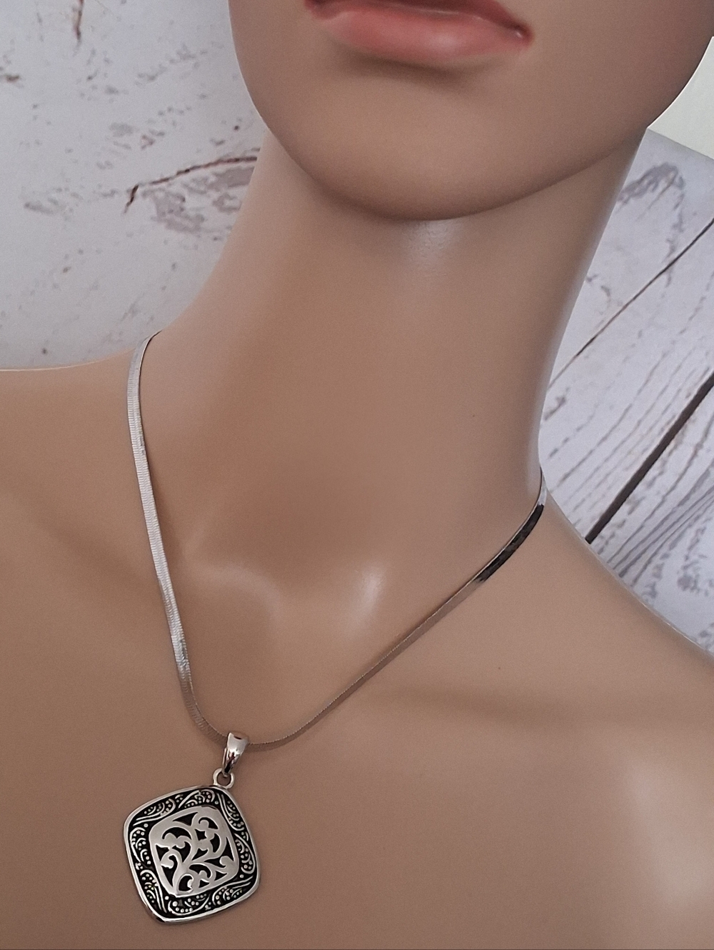 Lia Sophia Silvertone Ornate Square Pendant Necklace On Herringbone Chain